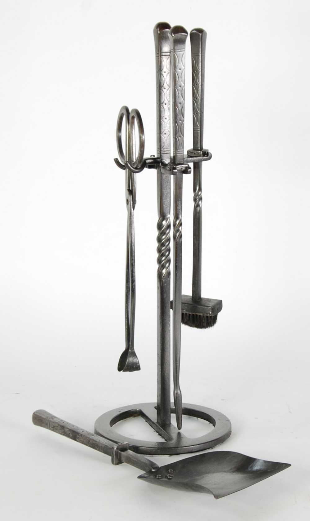 A. CARNE, TRURO, MODERN WROUGHT IRON FOUR PIECE FIRESIDE COMPANION on stand