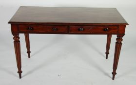 VICTORIAN MAHOGANY WRITING TABLE, the one piece moulded oblong top above a pair of cockbeaded