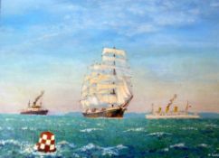 H. GARDINER (TWENTIETH CENTURY) OIL PAINTING ON BOARD Clipper and steam ships at sea Signed  15 ¾""