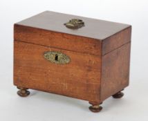 EARLY NINETEENTH CENTURY MAHOGANY TEA CADDY, oblong with brass captive ring handle to the top and