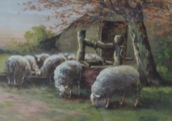 A. BERGHILYS ?  WATERCOLOUR DRAWING  Sheep feed from a trough by a well   signed indistinctly and