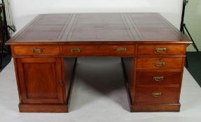 GOOD QUALITY LATE VICTORIAN MAHOGANY PARTNERS DESK, the moulded oblong top inset with three gilt