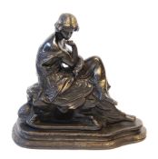 NINETEENTH CENTURY STYLE PATINATED METAL CLASSICAL FEMALE FIGURE, modelled seated on shaped base,