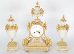 AN ATTRACTIVE NINETEENTH CENTURY FRENCH ALABASTER AND ORMOLU CLOCK, GARNITURE, the clock movement