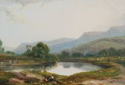 W. WILLIAMS, PLYMOUTH  OIL PAINTING ON BOARD  River landscape with figures and cattle, mountains in