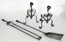 PAIR OF ANTIQUE FIRESIDE TOOLS, tongs and shovel (re-finished) and a PAIR OF MODERN WROUGHT IRON