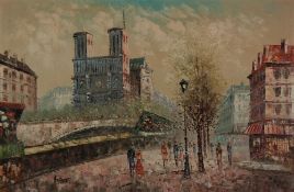 CAROLINE BARNETT (20TH CENTURY) OIL PAINTING ON CANVAS Parisienne street scene Signed 23 1/2"" x 35