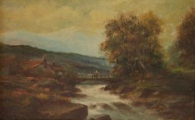 H.A. WHITTLE OIL PAINTING ON BOARD River landscape with rapids, cottage and figures on a bridge