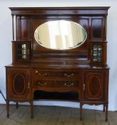 IMPRESSIVE EDWARDIAN MAHOGANY AND SATINWOOD CROSSBANDED MIRROR BACK SIDEBOARD, the moulded canopy