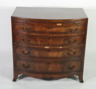 GOOD QUALITY GEORGIAN STYLE LINE INLAID FIGURED MAHOGANY BOW FRONTED BACHELORS CHEST, the