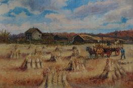G. F. CASTLEDEN OIL PAINTING ON CANVAS Harvesting, farming scene with figures, horsedrawn cart and
