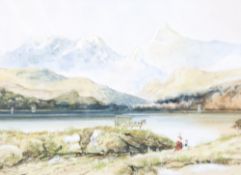 ASCRIBED TO COPLEY FIELDING (1787-1855) WATERCOLOUR DRAWING, HEIGHTENED IN WHITE   Lake scene with