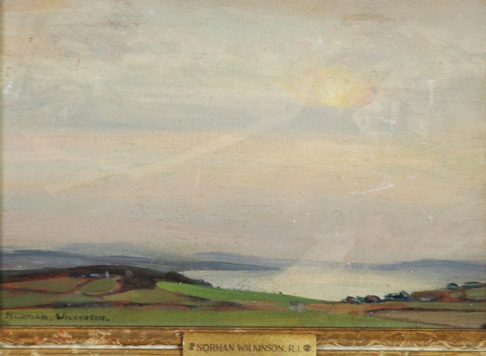 NORMAN WILKINSON (1878-1971) OIL PAINTING ON CANVAS BOARD  Coastal landscape  6 1/2"" x 9 1/2"" (