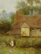 J. THOMAS (Twentieth Century) OIL PAINTING ON PANEL  Young girl standing outside a thatched cottage
