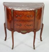 MODERN FRENCH STYLE LINE INLAID MAHOGANY DEMI LUNE SMALL CHEST OF TWO DRAWERS, with deep purple/