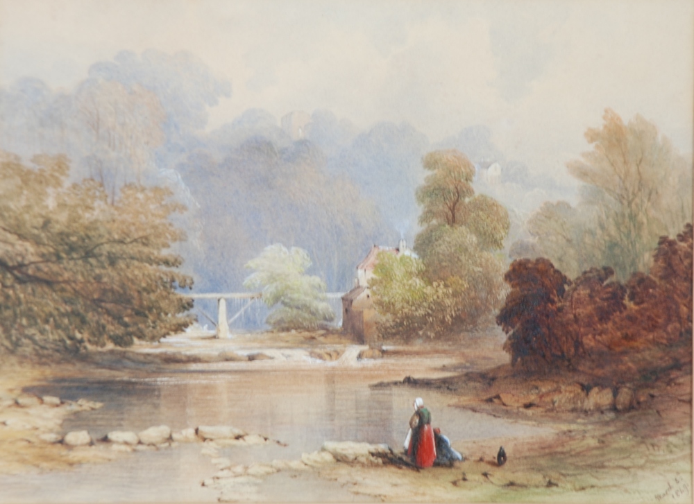 BRITISH SCHOOL (Nineteenth century) WATERCOLOUR  A wooded river landscape with figures in the