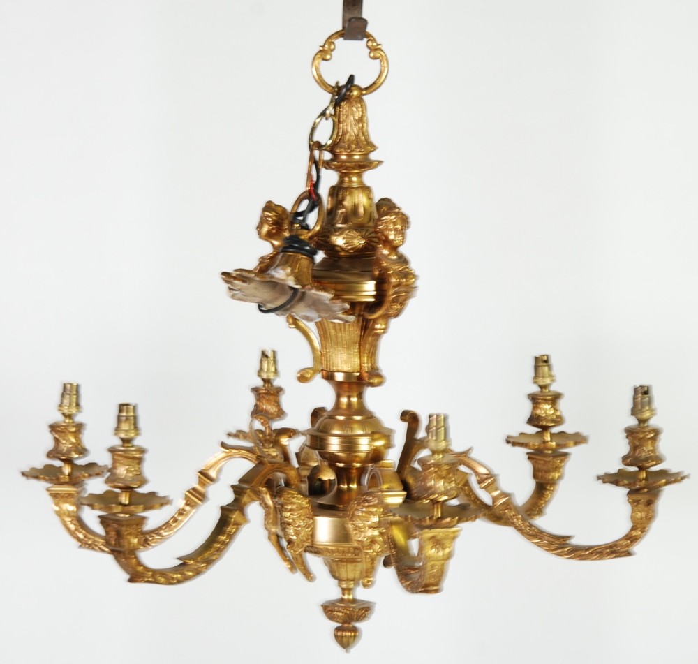 A 20TH CENTURY GILT BRASS `BAROQUE REVIVAL` SIX LIGHT ELECTROLIER WITH CEILING ROSE, 23"" (58.4cm)