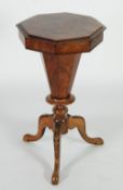 VICTORIAN FIGURED WALNUT PEDESTAL WORK TABLE, the moulded octagonal top above a conforming tapering