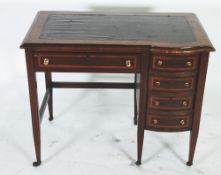 EDWARDIAN LINE INLAID MAHOGANY DESK OF SMALL PROPORTIONS, the moulded top inset with later `