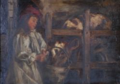 IN THE STYLE OF WALTER F. SCOTT HETHERINGTON (act. 1895-1940) OIL PAINTING ON PANEL  Maid feeding a