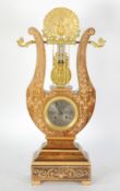 AN ATTRACTIVE NINETEENTH CENTURY FRENCH OR SWISS INLAID ROSEWOOD LYRE SHAPE MANTEL CLOCK, with an