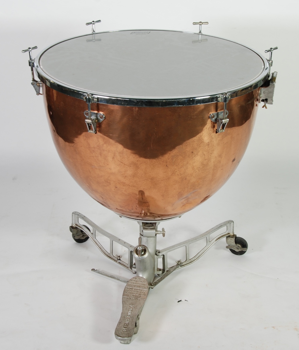 TWO PROBABLY MID TWENTIETH CENTURY ORCHESTRAL PEDAL TIMPANI/KETTLEDRUMS, of traditional form with