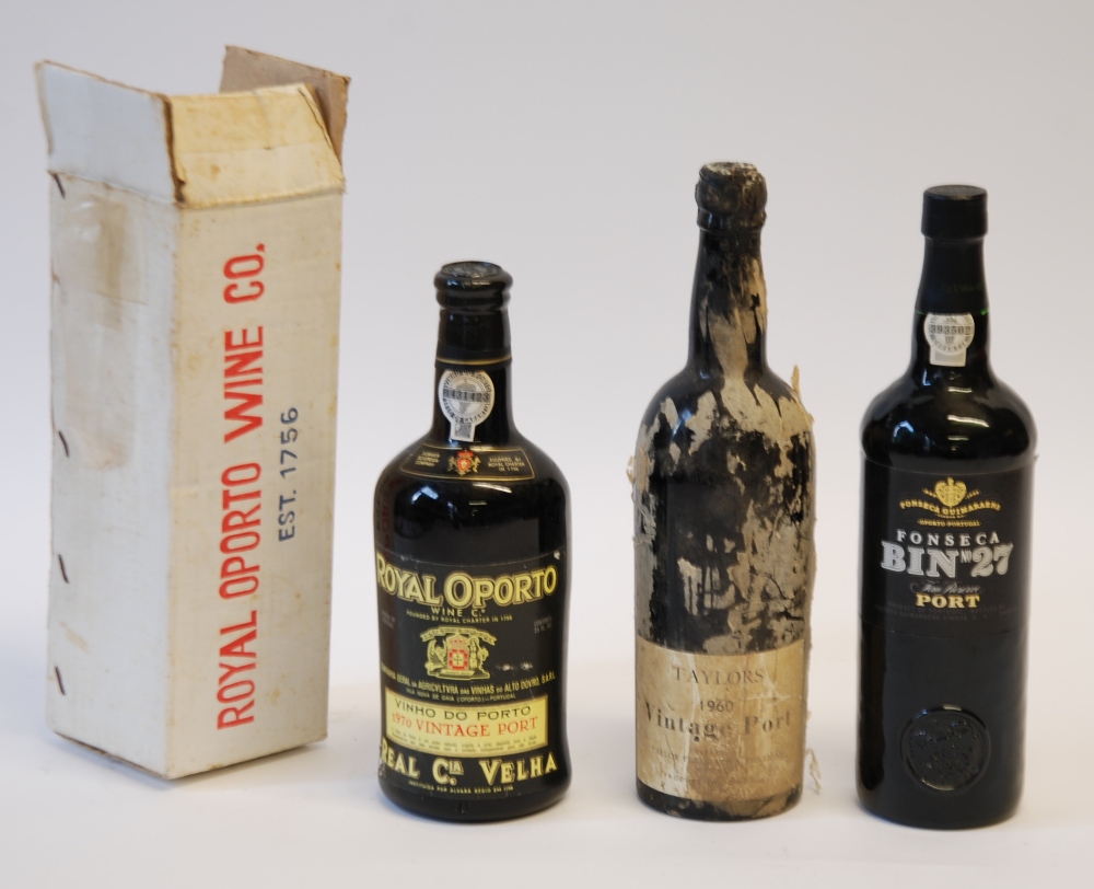 TWO BOTTLES OF VINTAGE PORT, TAYLORS 1960 (losses to seal and label poor), ROYAL CPORTO, 1970 in
