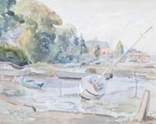 W.H. BROCKSHANK (?) (Twentieth century)  WATERCOLOUR DRAWING  Harbour scene at low ride, `Hamble`