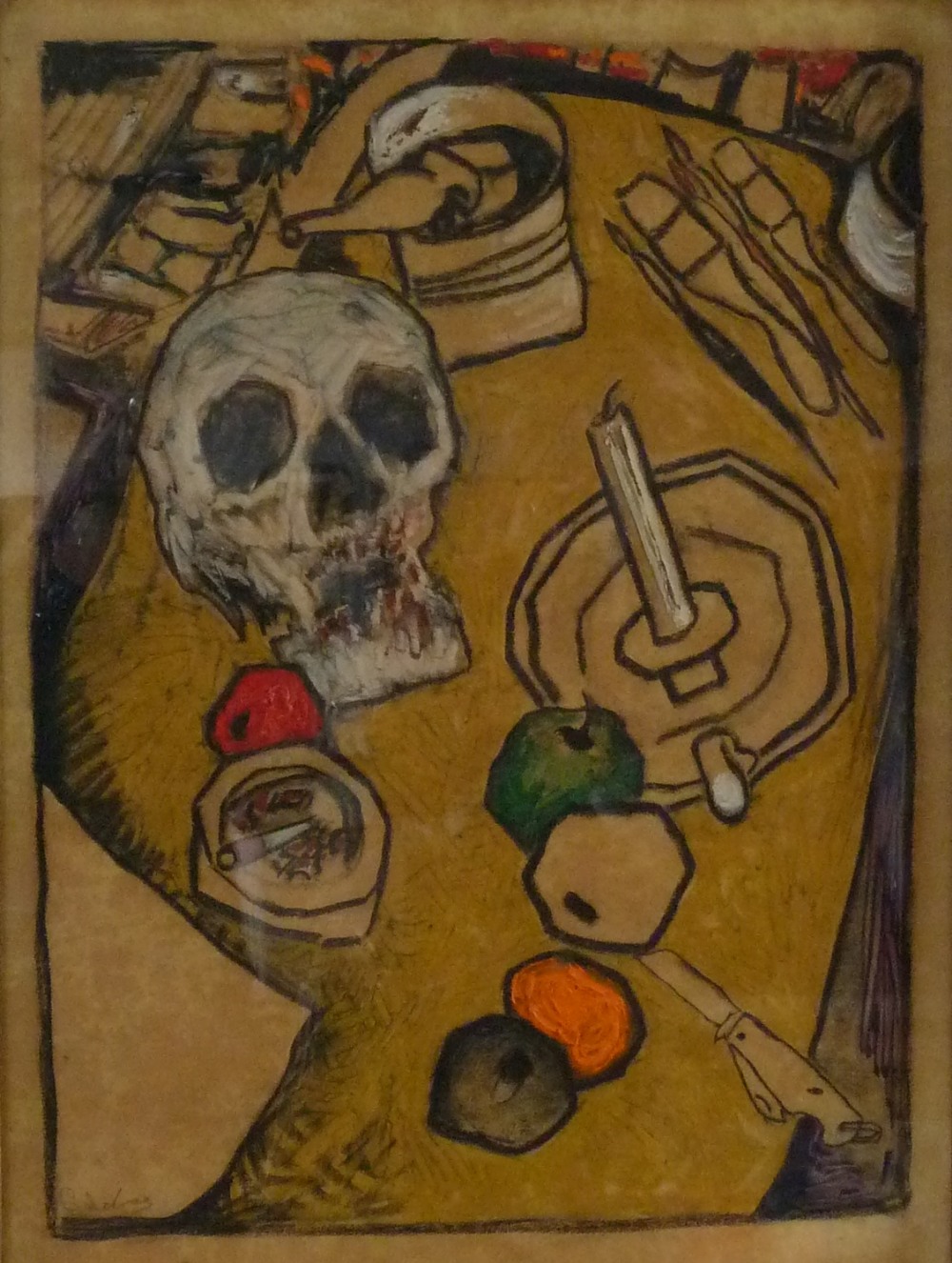 JOHN ALVARO CALDAS (1934-2006) MIXED MEDIA ""Still Life with Skull, Fruit and Candle"" Signed, (19)