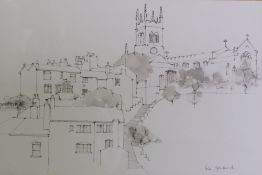 IOLA SPAFFORD (TWENTIETH CENTURY) PEN AND WASH DRAWING Macclesfield town and church Signed 6 ½"" x