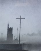 ?MARC GRIMSHAW (b. 1957) PENCIL DRAWING Urban landscape with factory chimneys, church, telegraph