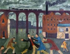 ALBERT BARLOW (B.1944) OIL ON BOARD ""Punch Up, Stockport"" Signed 20"" x 24"" (50.8cm x 61cm)