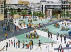NIGEL WALKER (TWENTIETH CENTURY) OIL ON CANVAS ""Piccadilly Gardens, After Lowry"" Signed and dated