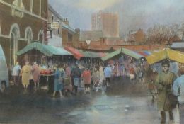 TOM BROWN (B.1933) PASTEL DRAWING Market with figures Singed 11 ½"" x 17 ¼"" (29.2cm x 43.8cm)