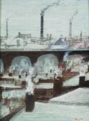 ATHERTON OIL PAINTING ON BOARD `Through rain or shine` Industrial landscape with viaduct Signed;