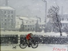 JAMES DOWNIE (1949) OIL PAINTING ON CANVAS `Bike Rider in Snow` Signed 11 1/2"" x 15 1/4"" (29 x