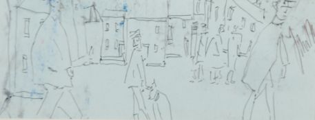 ?JOHN THOMPSON (1924-2011) PEN DRAWING ON GREY PAPER Street scene with figures and dog Signed 4"" x