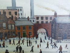 PETER J. NORMAN OIL PAINTING ON CANVAS Urban street scene busy with figures Signed, signed and