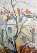 DELIA MASSEY (1912-1965) OIL ON BOARD Roof tops in a suburban landscape Signed  13 ½"" x 9 ½"" (34.