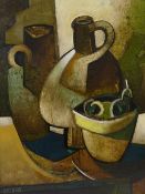 ?GEOFFREY KEY (B. 1941) OIL PAINTING ON BOARD Still life of vases and pears Signed and dated (19)89