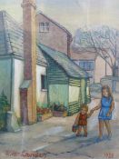 ?ALAN LOWNDES (1921 - 1978) WATERCOLOUR DRAWING Young woman walking with a child past houses on the