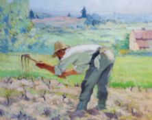 PIERRE ADOLPHE VALETTE (1876 - 1942) OIL PAINTING ON BOARD `Vineyard Hoer` 13"" x 16 1/4"" (33cm x