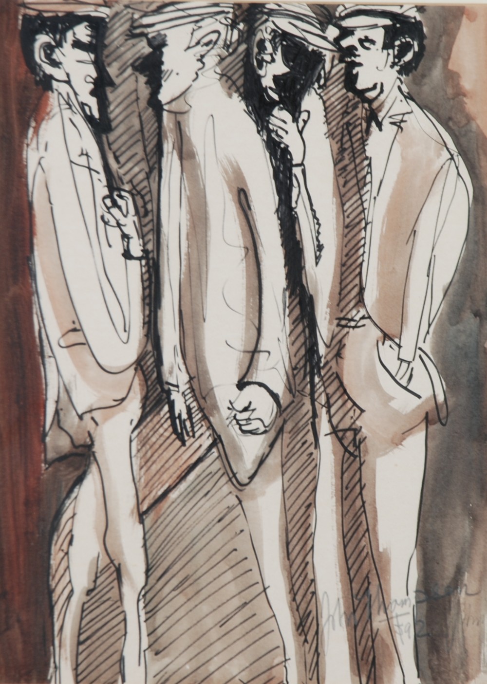 ?JOHN THOMPSON (1924-2011) PEN AND SEPIA WASH DRAWING Group of four men Signed and dated (19)92