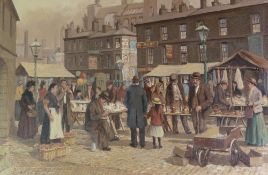 R. R. BERRY (modern) OIL PAINTING ON CANVAS `Flat Iron Market, Salford 1894` signed lower left,