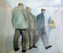 ?JOHN THOMPSON (1924 - 2011) WATERCOLOUR DRAWING Three standing male figures with a mother and