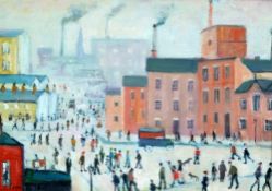 ATTRIBUTED TO L.S. LOWRY OIL PAINTING ON CANVAS Northern townscape, the streets busy with figures