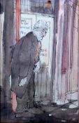 AUDREY M. SMITH PEN AND WASH DRAWING Old man outside a cafe  Signed 11"" x 7"" (28 x 18cm)