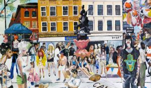 NIGEL WALKER (TWENTIETH CENTURY) OIL ON CANVAS ""Occupy Manchester"" Signed and dated (20)10 21 ¾""