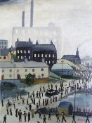 PETER J. NORMAN OIL PAINTING ON CANVAS Northern town busy with men on their way to work in a mill