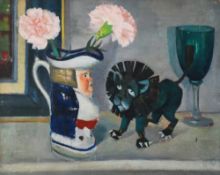 HARRY RUTHERFORD (1903 - 1985) OIL PAINTING ON BOARD `Still Life`, Toby jug with carnations, old